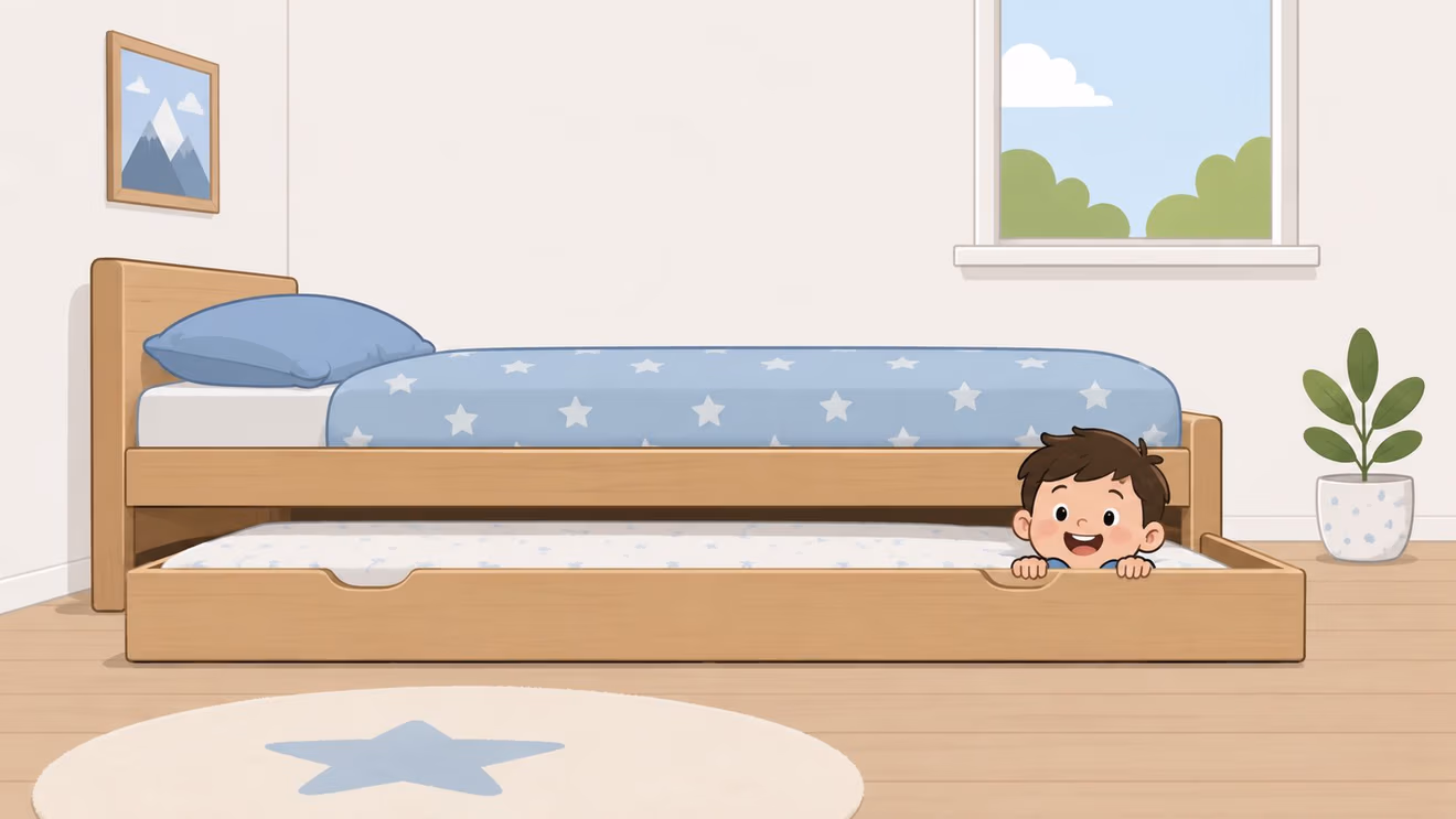 A happy young boy peeking out from underneath a wooden trundle bed in a cozy bedroom.
