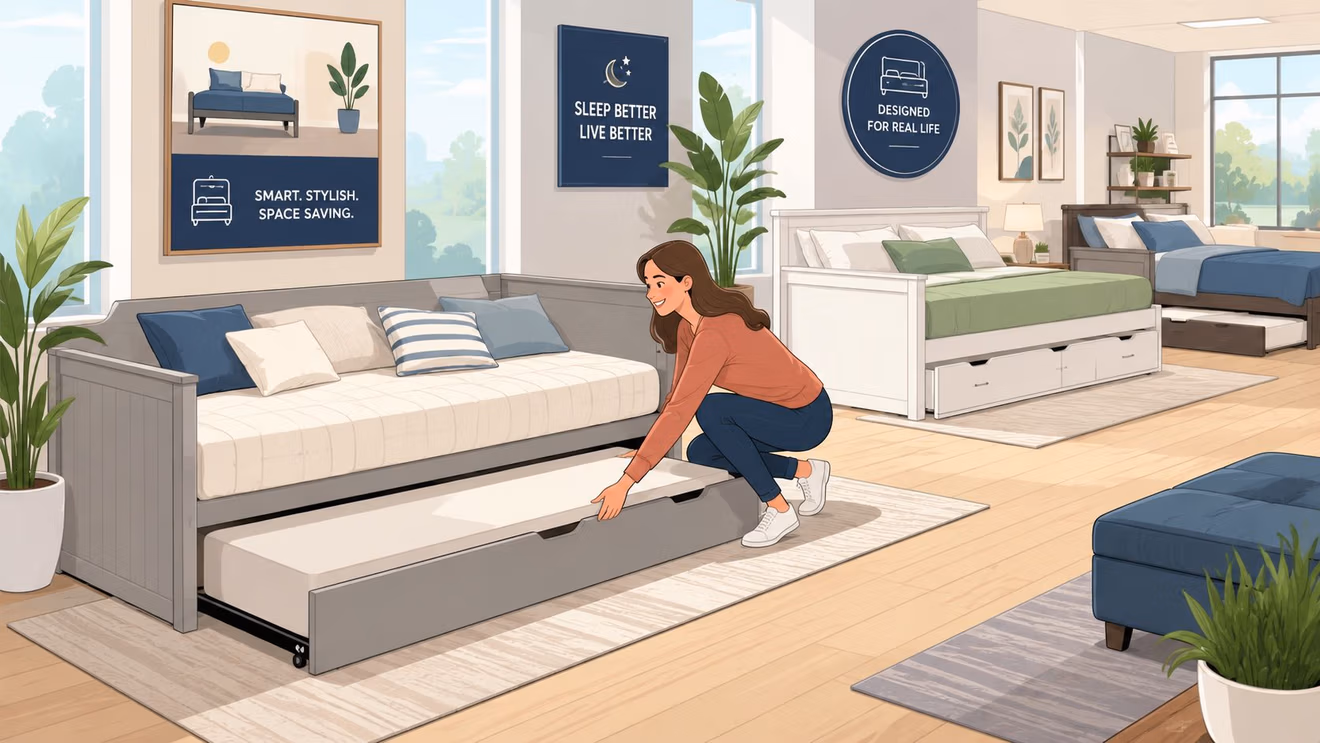 A woman demonstrates a grey pull out bed under bed in a modern furniture store showroom.