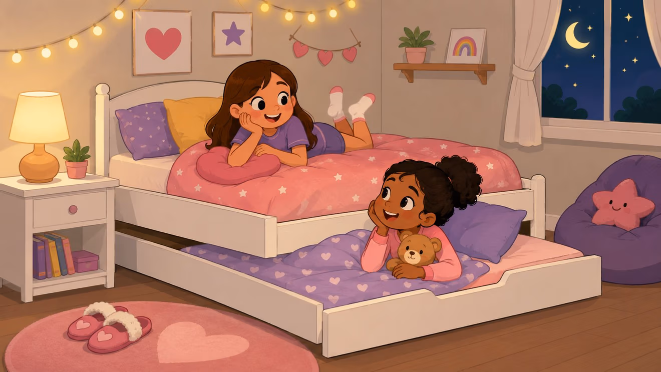 Two happy little girls enjoying a sleepover together in a cozy bedroom with a pull-out trundle bed.