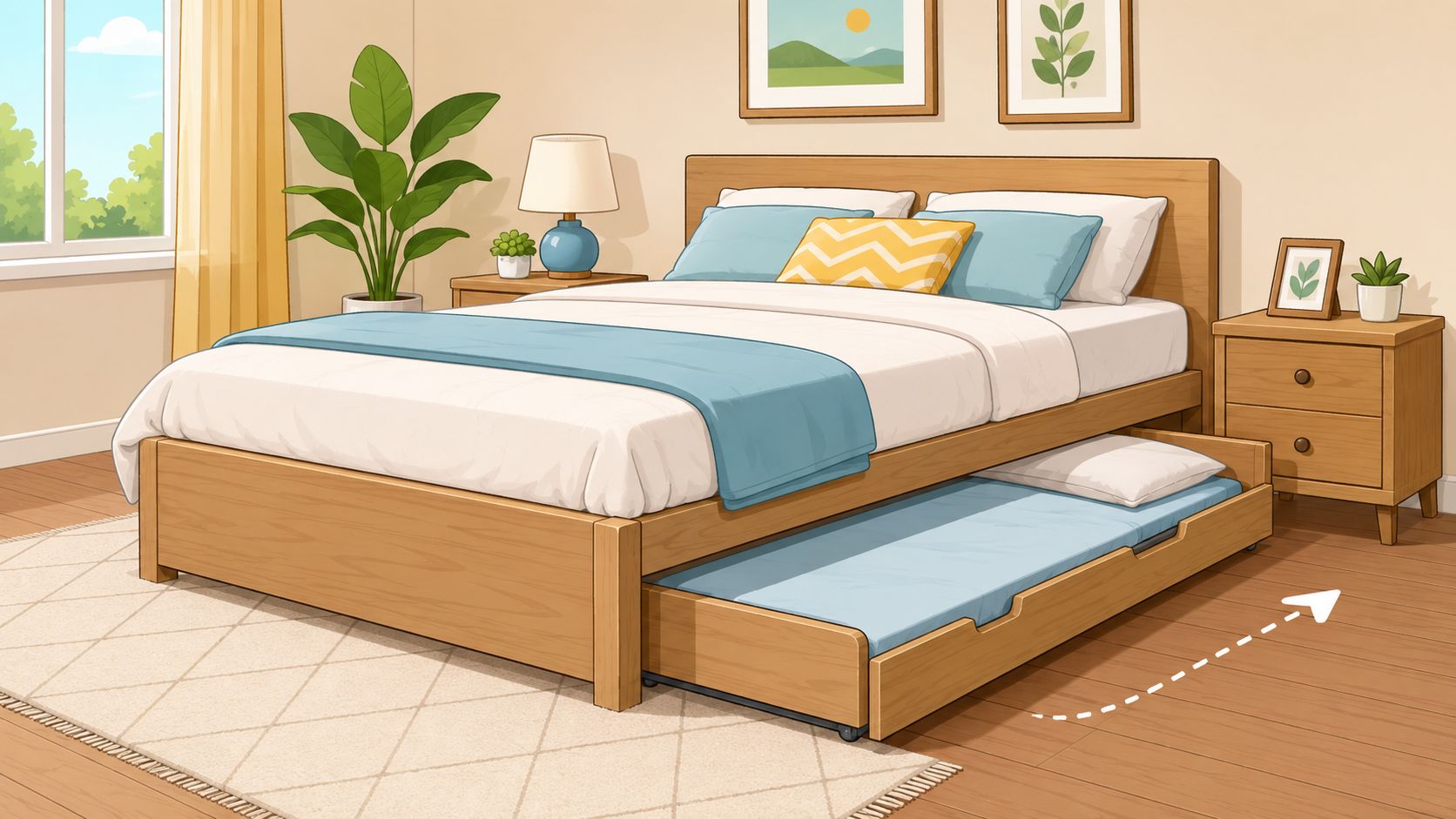 A wooden bed frame featuring a convenient pull-out trundle bed tucked underneath in a cozy bedroom.