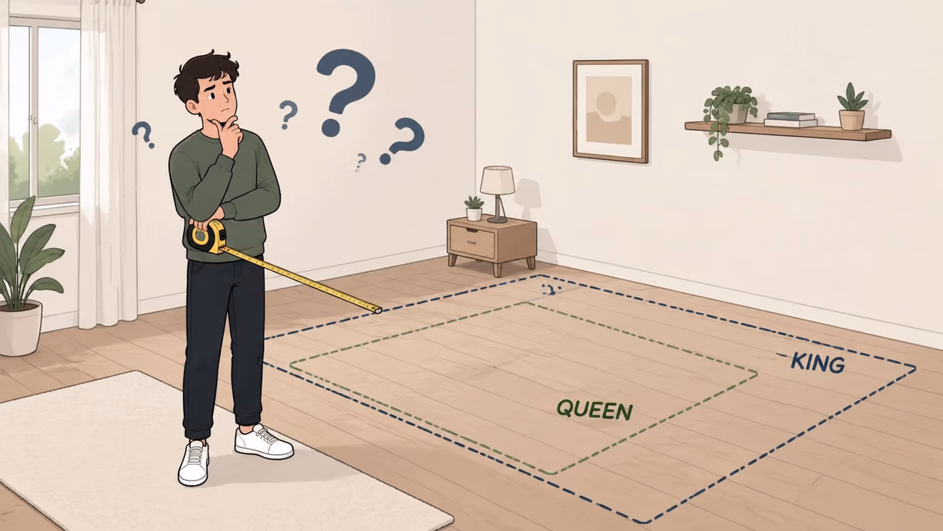 A man uses a tape measure to compare the floor dimensions of a queen and king sized bed.
