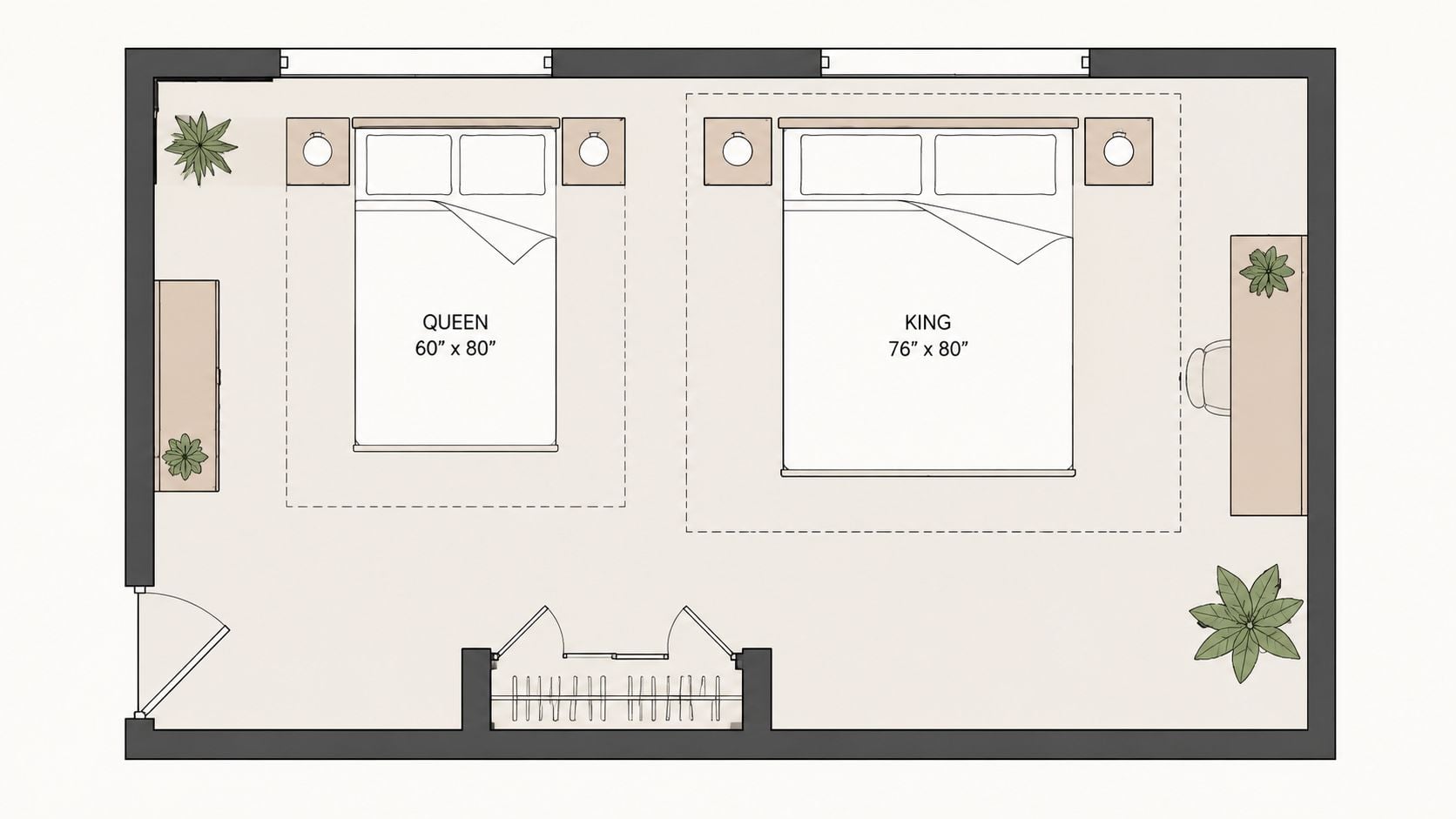 A top-down floor plan layout comparing the size differences between a queen and king size bed.