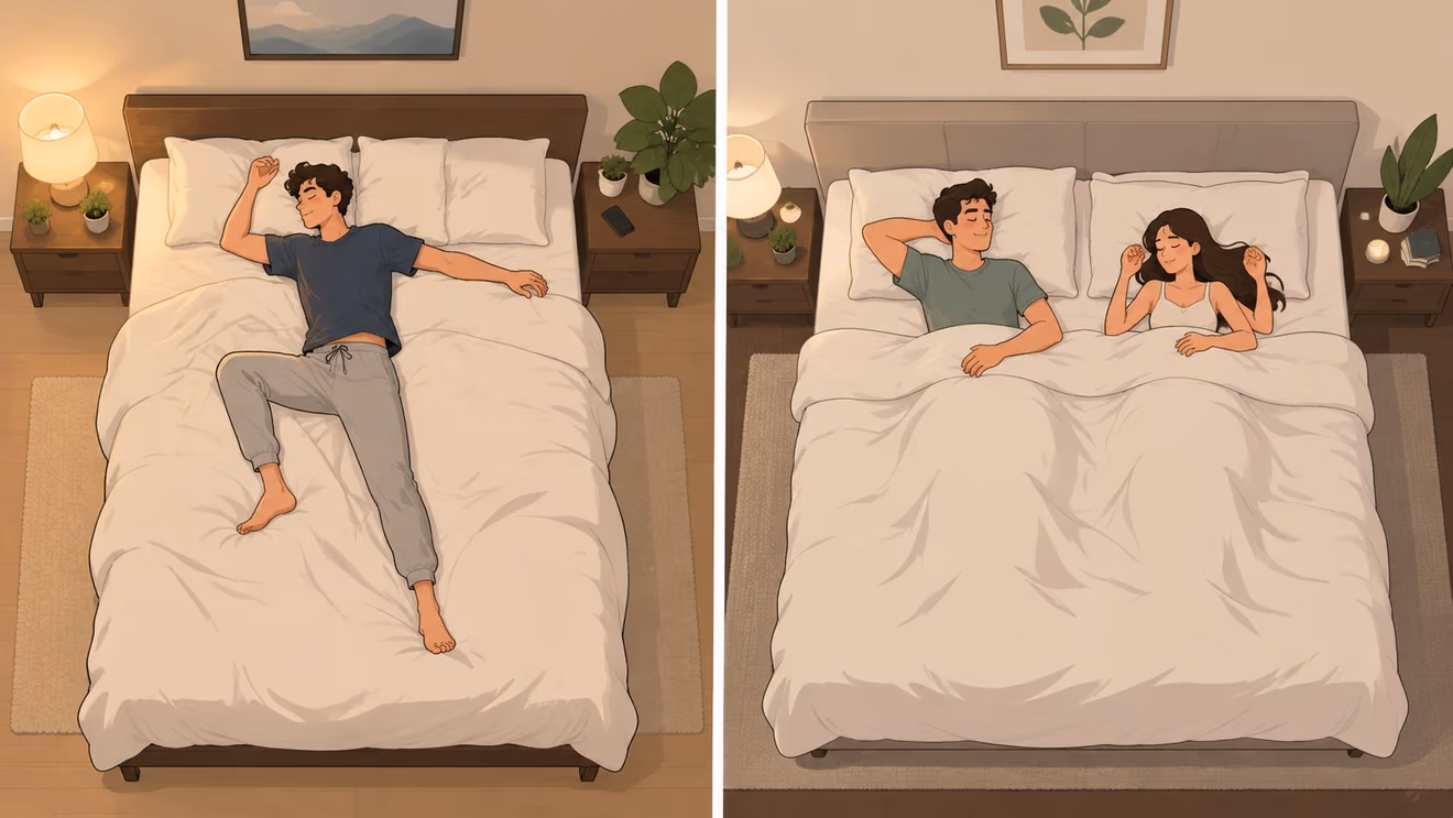 A split illustration showing a single man sleeping on a large queen bed versus a happy couple sharing a king size bed.