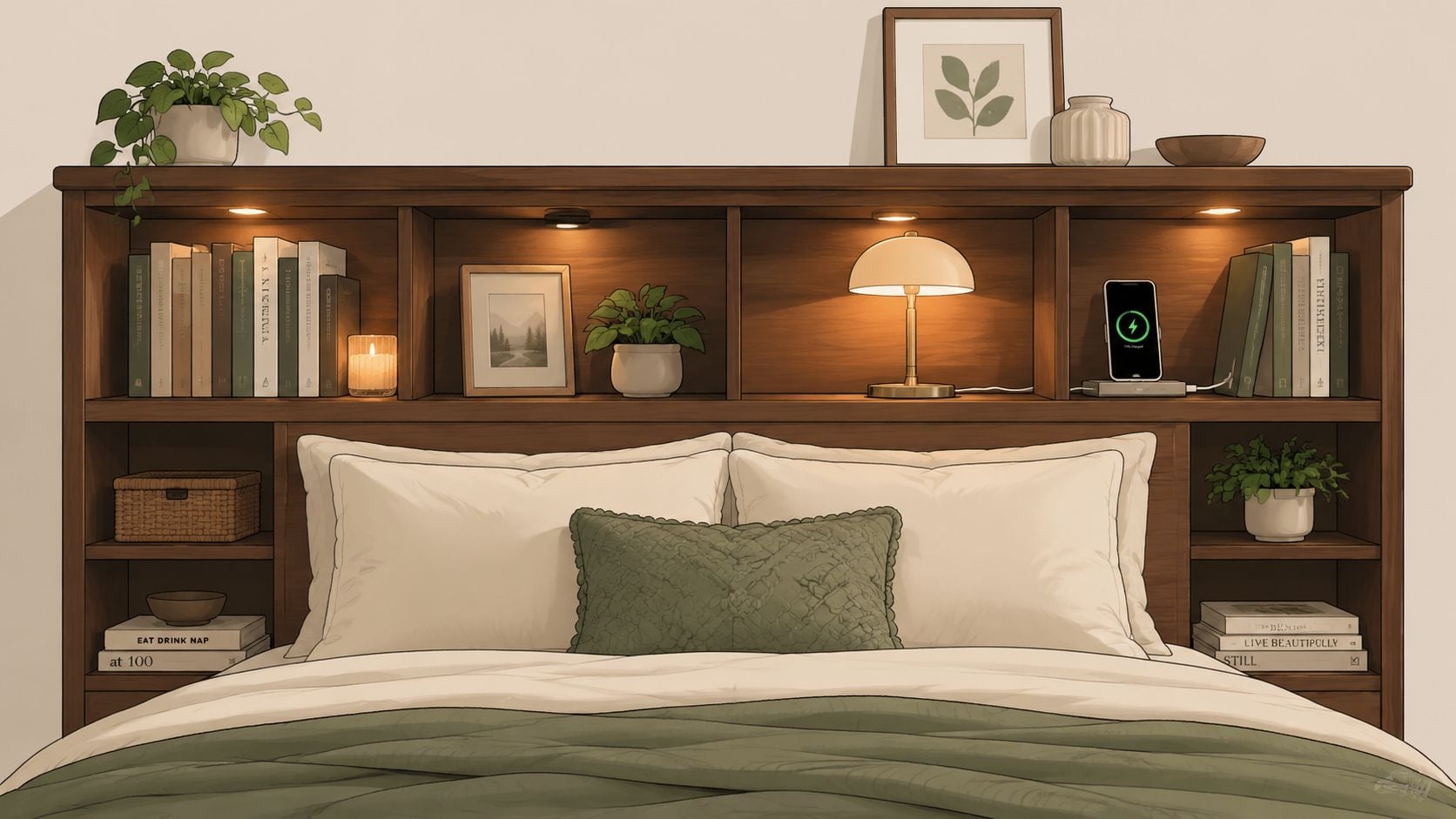 A cozy bedroom featuring a wooden queen size bookshelf headboard with books, plants, and warm ambient lighting.