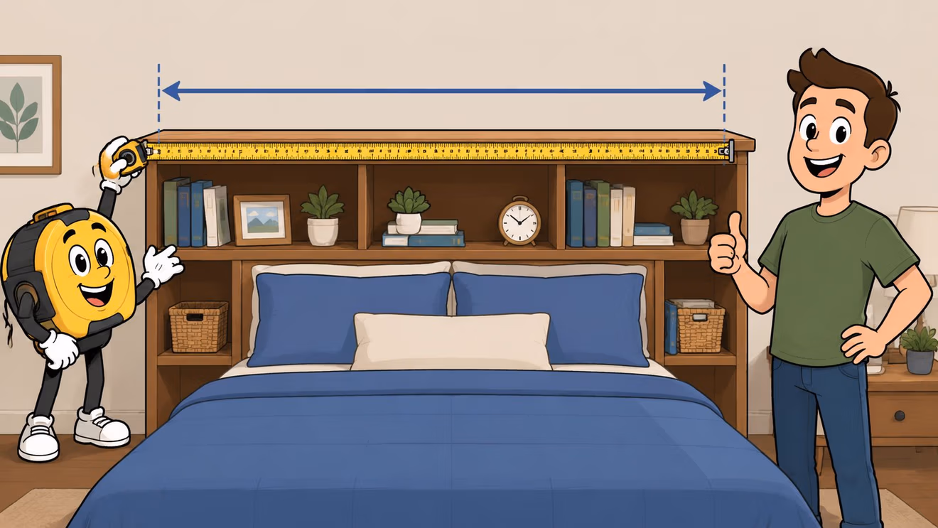 An animated tape measure character helping a man measure the width of a wooden bookshelf headboard.