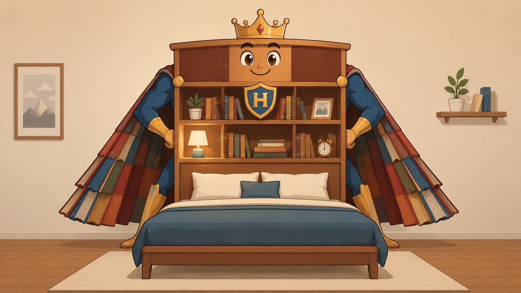 A whimsical cartoon bed with a superhero bookshelf headboard featuring a crown, face, and a cape.