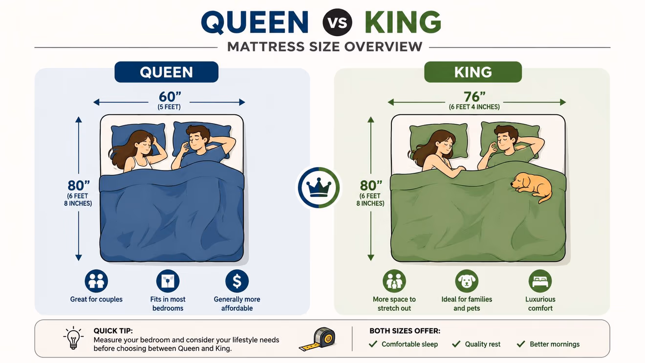 A comparative infographic showing the size differences and benefits between a Queen and King size mattress.