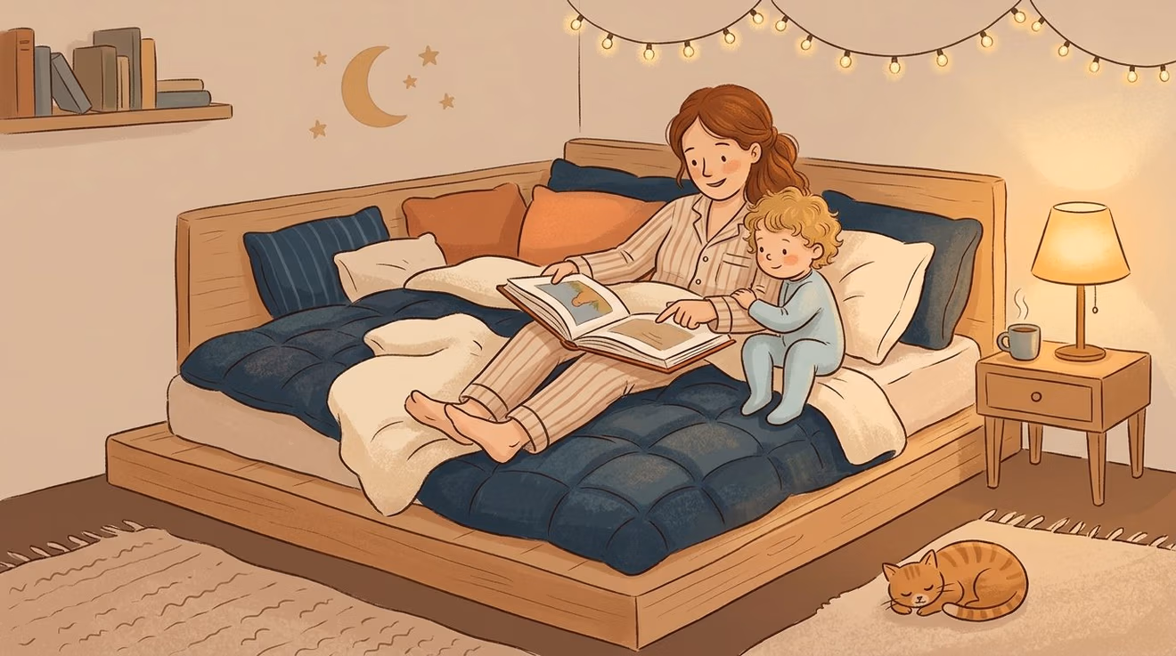 A mother sitting on a raised head of bed reading a book to her toddler at night.