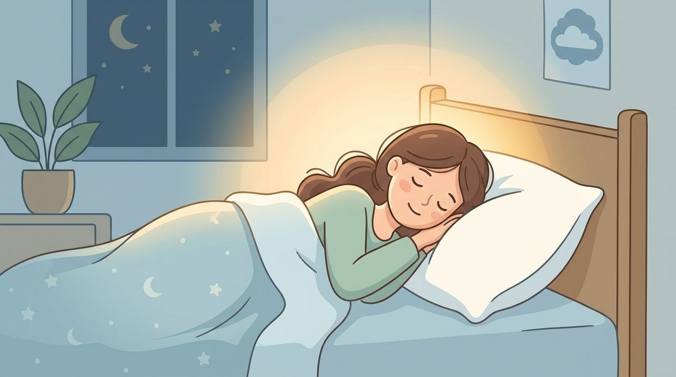 A peaceful illustration of a woman sleeping soundly in a bed at night with soft warm light.