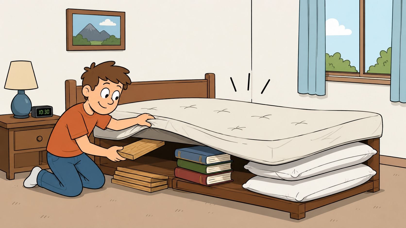 A boy fixing a sagging bed mattress by adding wooden support planks underneath it.