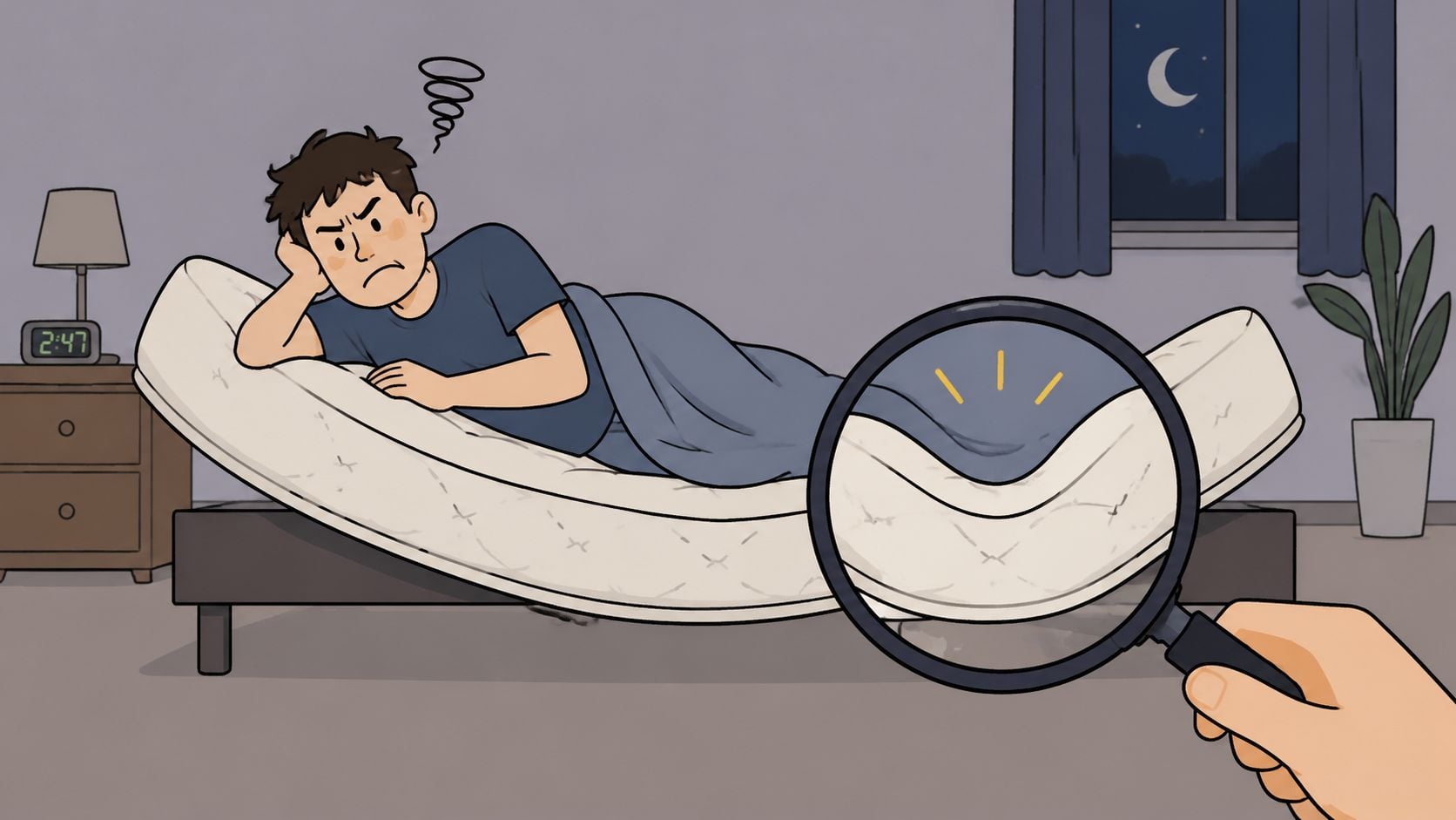 A frustrated man lies on a bed while a magnifying glass highlights the sagging mattress center.