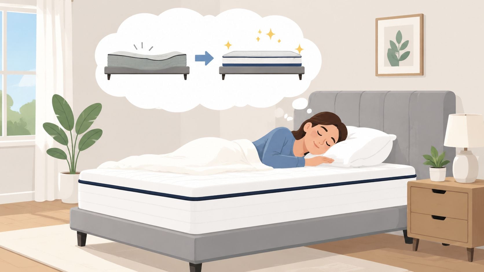 A woman sleeping comfortably on a new mattress while dreaming of replacing her old sagging mattress.
