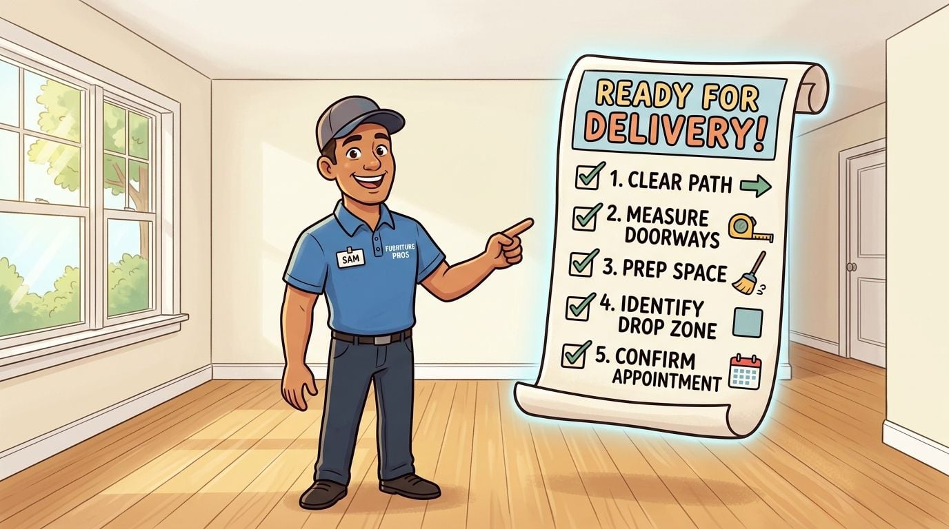A friendly delivery professional points to a delivery preparation checklist in an empty room.