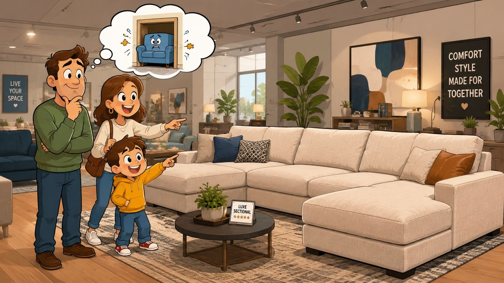 A happy family at a furniture store pointing at a large, comfortable beige sectional sofa.