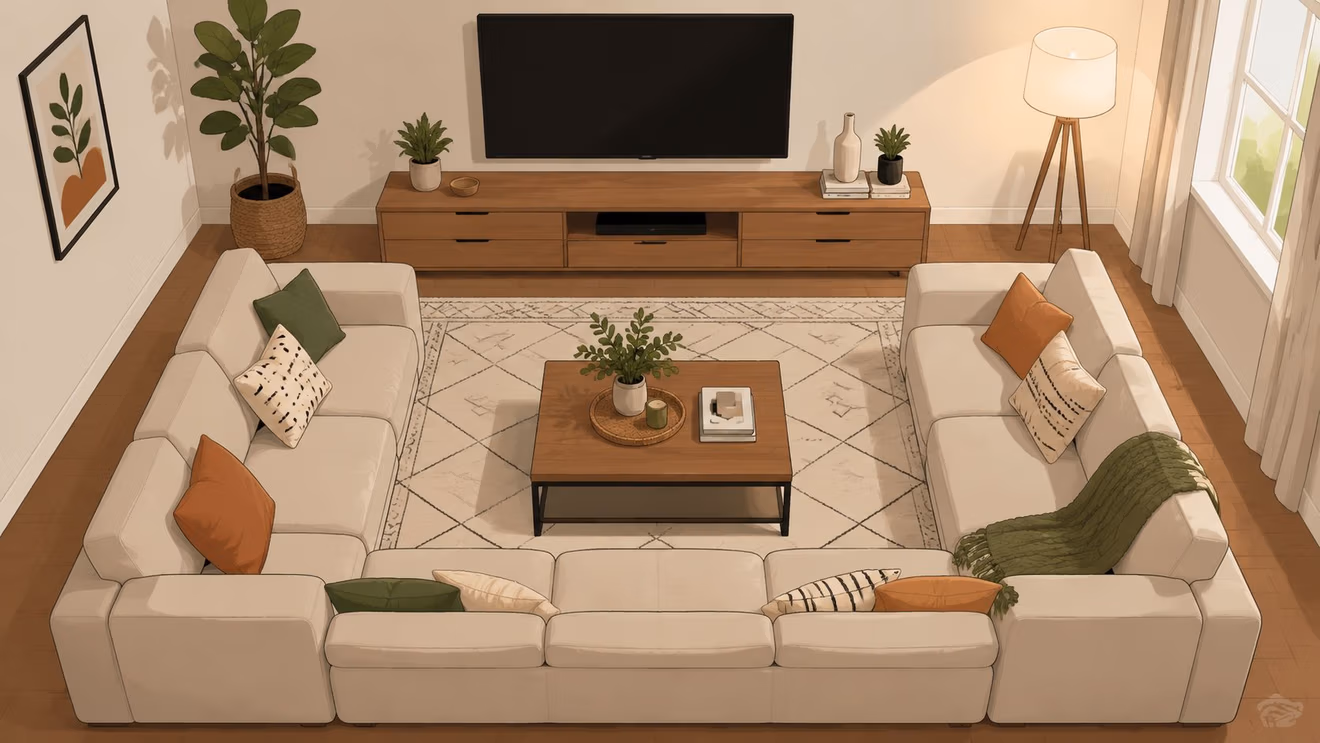 An overhead view of a cozy, modern living room featuring a large U-shaped cream sectional sofa.