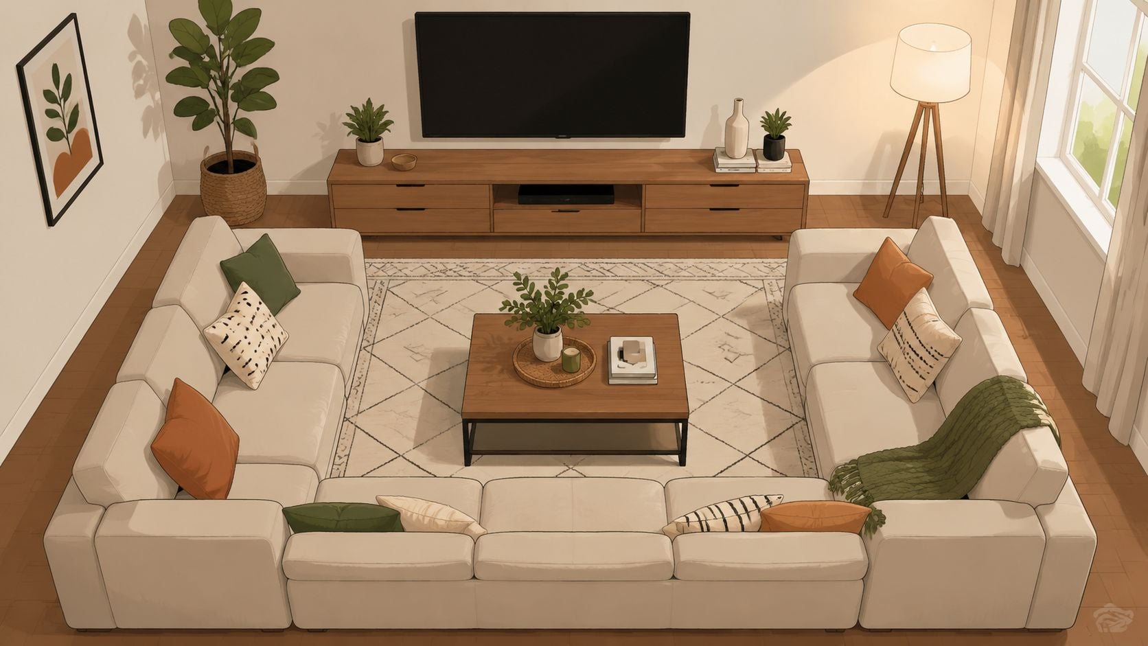 An overhead view of a cozy, modern living room featuring a large U-shaped cream sectional sofa.