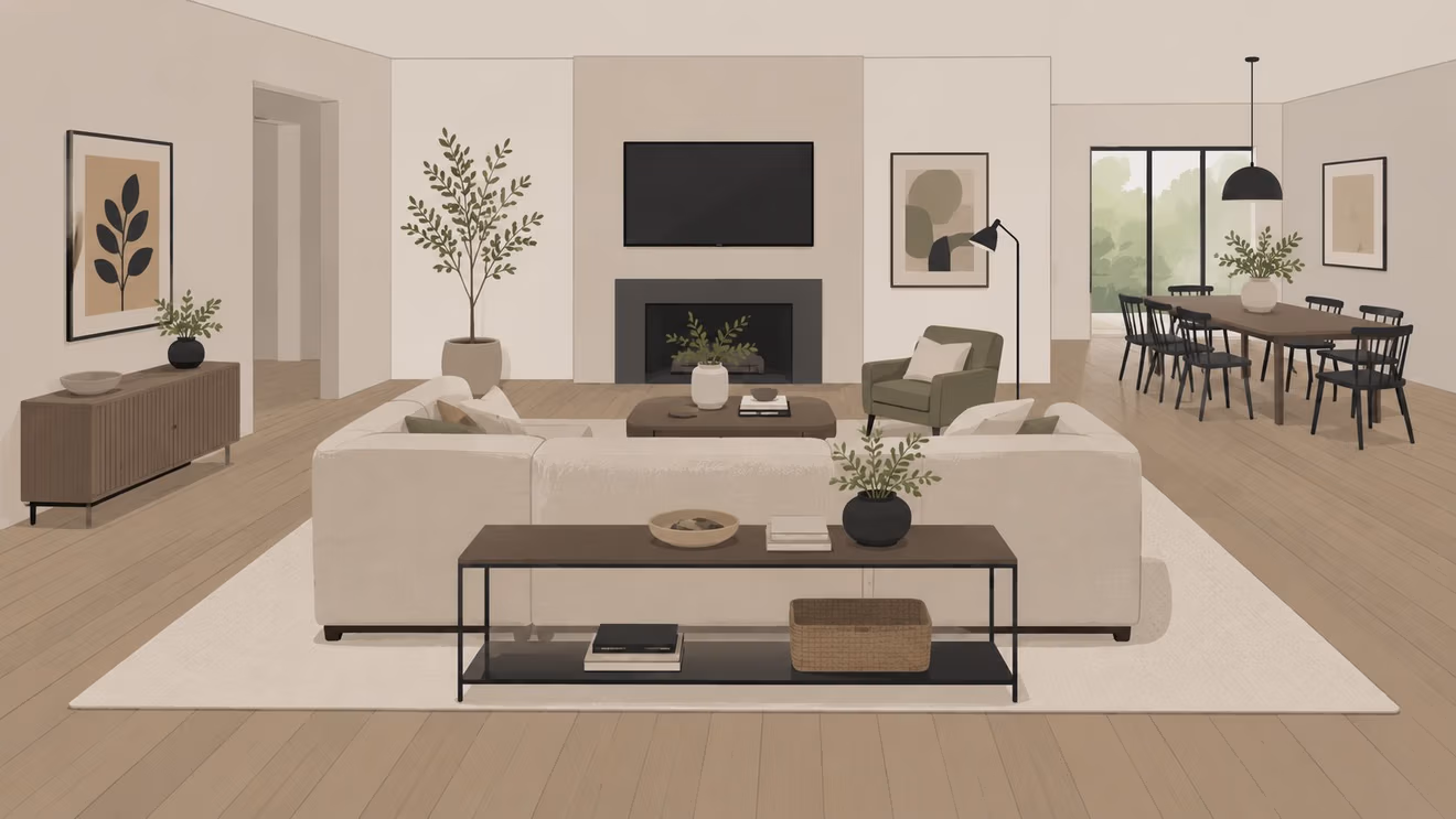 A modern living room with a large neutral sectional sofa and dining area in an open concept home.