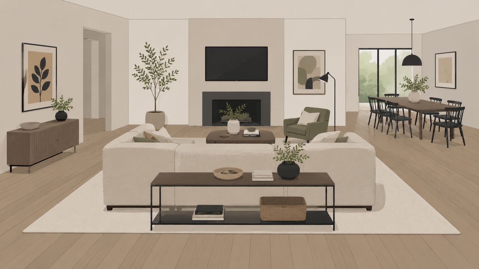 A modern living room with a large neutral sectional sofa and dining area in an open concept home.
