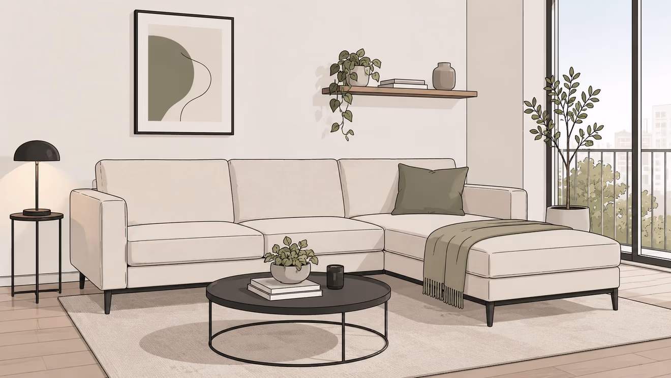 A modern beige sectional sofa with green accents in a minimalist living room with a round coffee table.