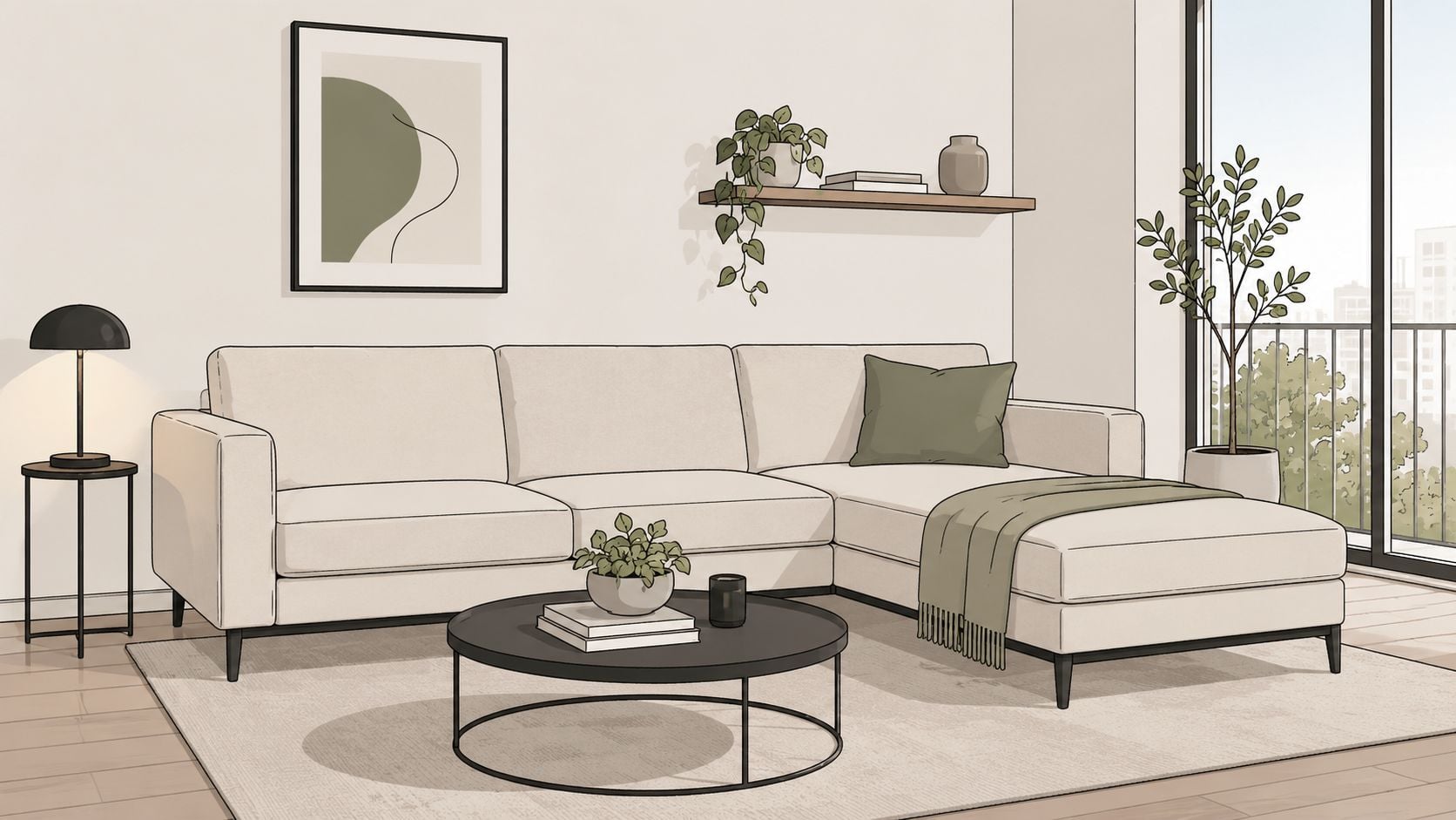 A modern beige sectional sofa with green accents in a minimalist living room with a round coffee table.