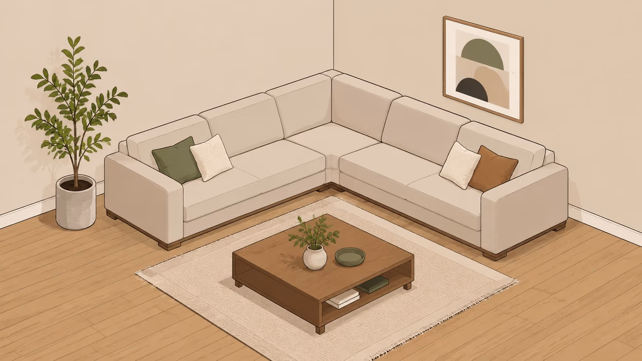 A minimalist sectional sofa positioned in the corner of a bright room with a modern coffee table.