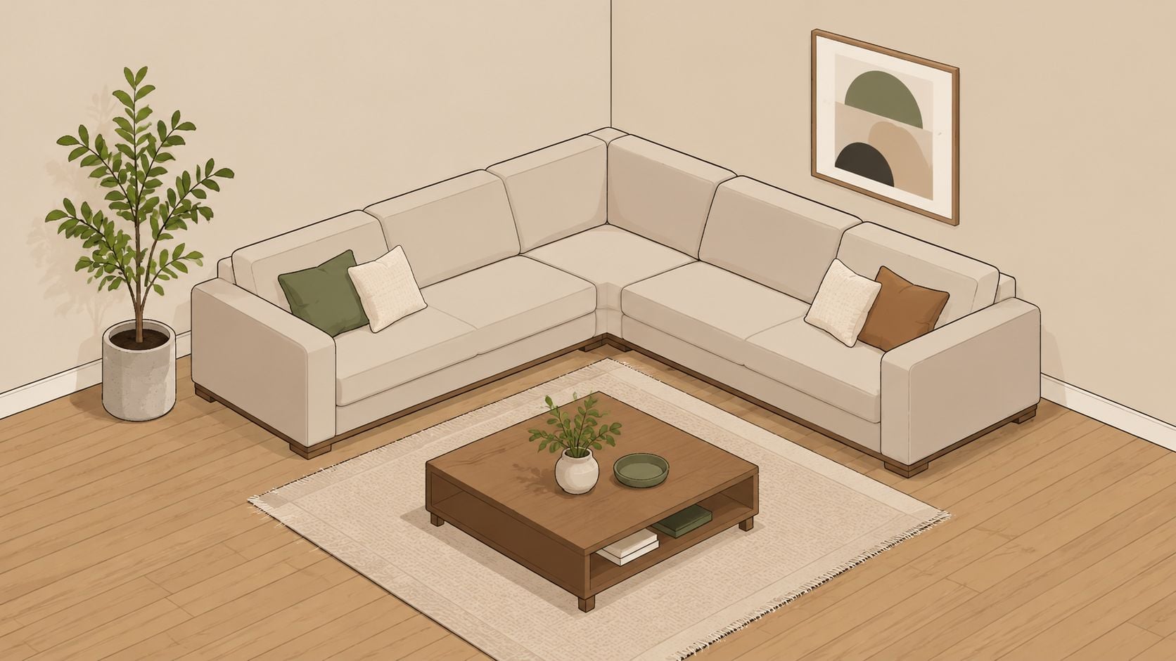 A minimalist sectional sofa positioned in the corner of a bright room with a modern coffee table.