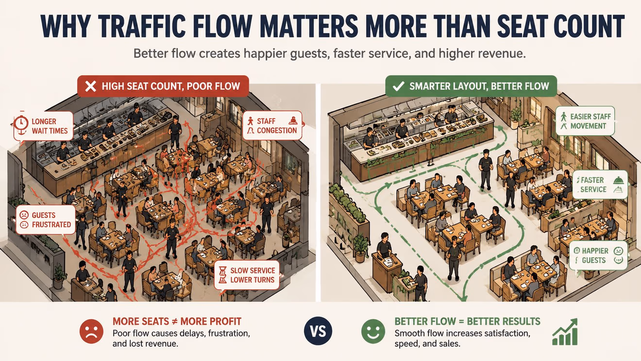 An infographic comparing a restaurant layout with poor traffic flow versus a smarter layout with better flow.