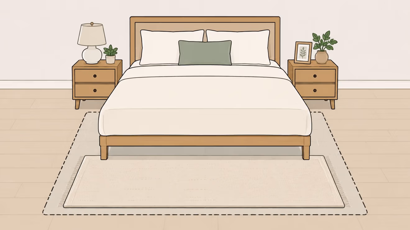 A light-colored area rug placed under a bed frame in a minimalist bedroom setting.
