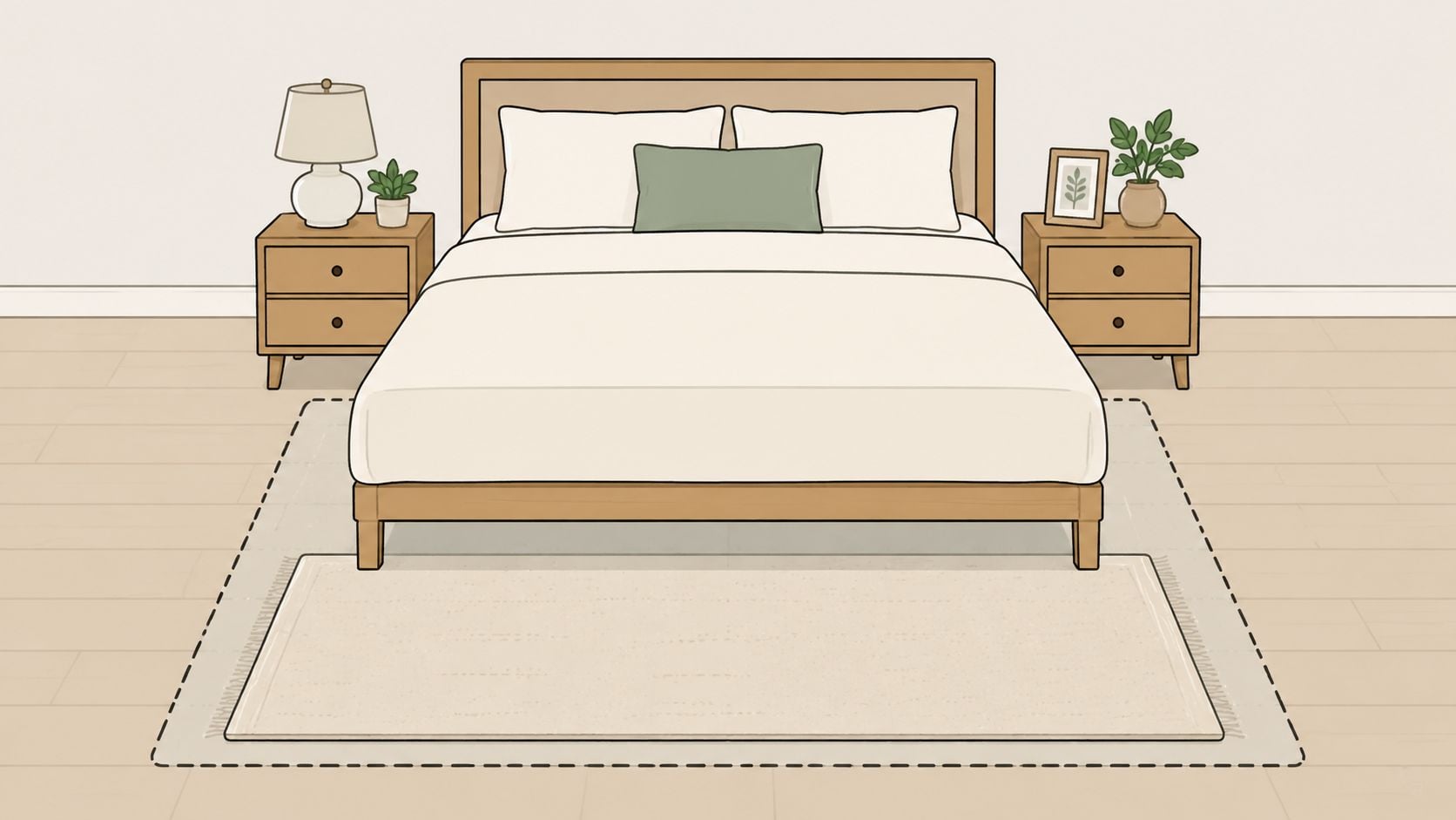 A light-colored area rug placed under a bed frame in a minimalist bedroom setting.