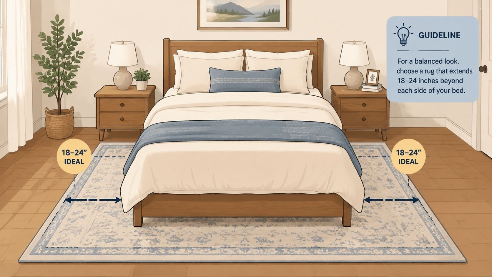 An illustration showing a bedroom with a bed and rug size guidelines for optimal interior design placement.