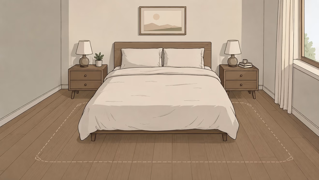 A cozy bedroom illustration showing the ideal placement and size of a rug under a full bed.