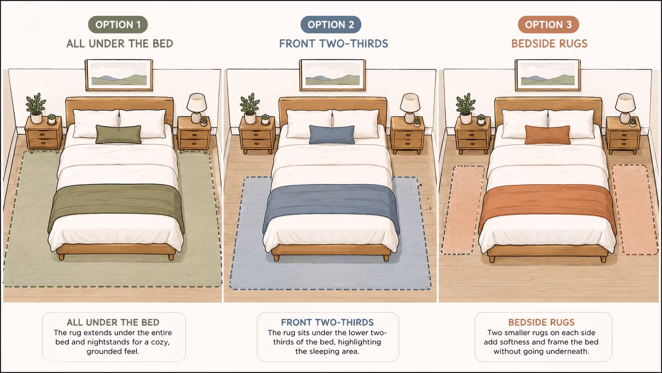 A design infographic showing three different ways to place an area rug under a bedroom bed.