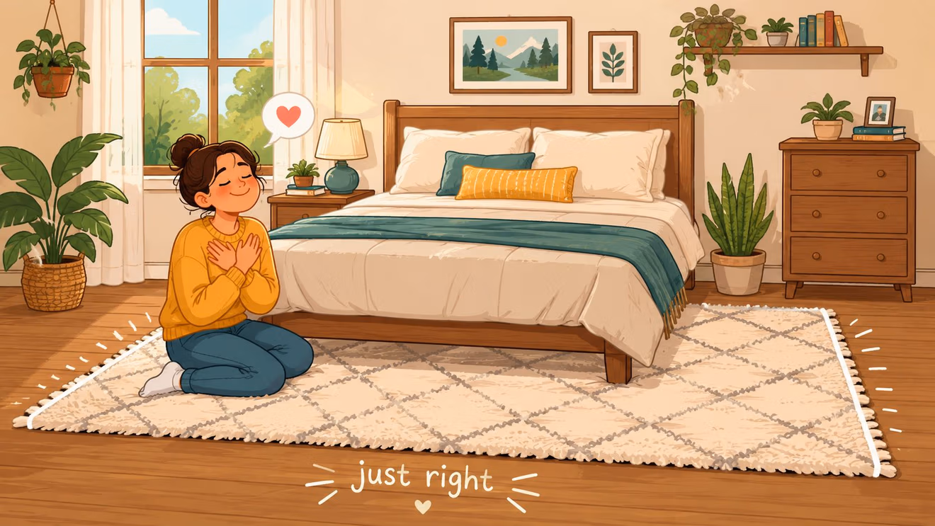 A happy woman kneeling on a cozy area rug that is the perfect size under a full bed.