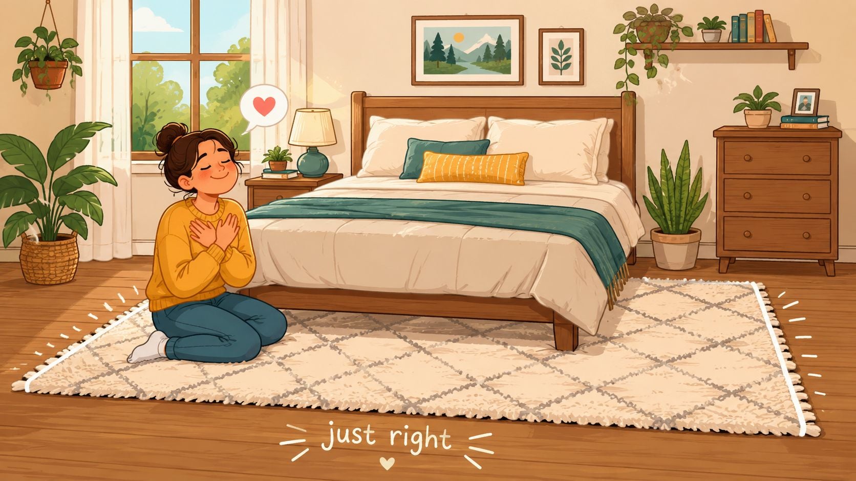 A happy woman kneeling on a cozy area rug that is the perfect size under a full bed.