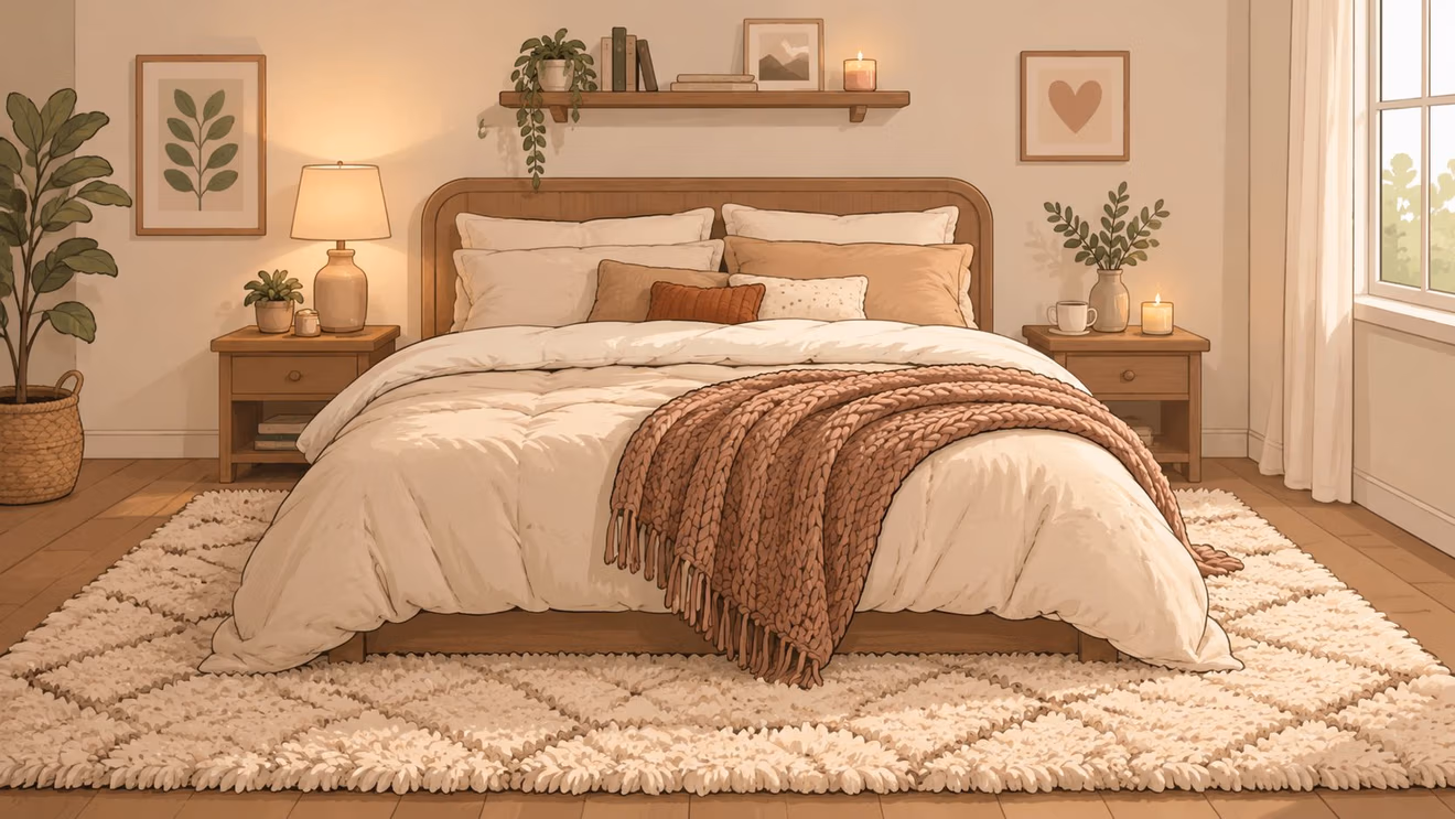 A cozy bedroom featuring a plush rug under a full-sized bed with warm neutral tones and decor.