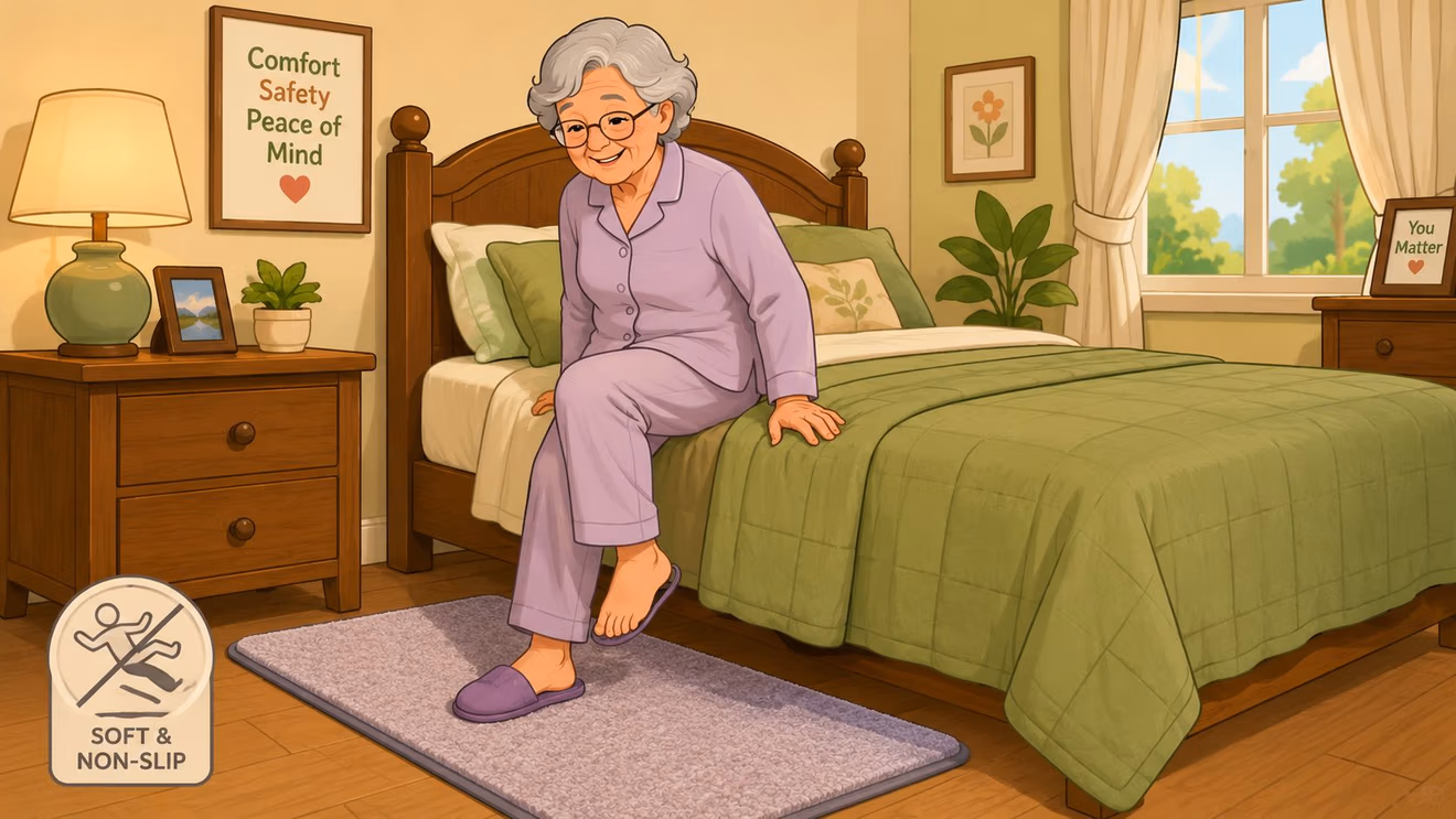 An elderly woman putting on slippers next to a bed with a soft, non-slip rug.
