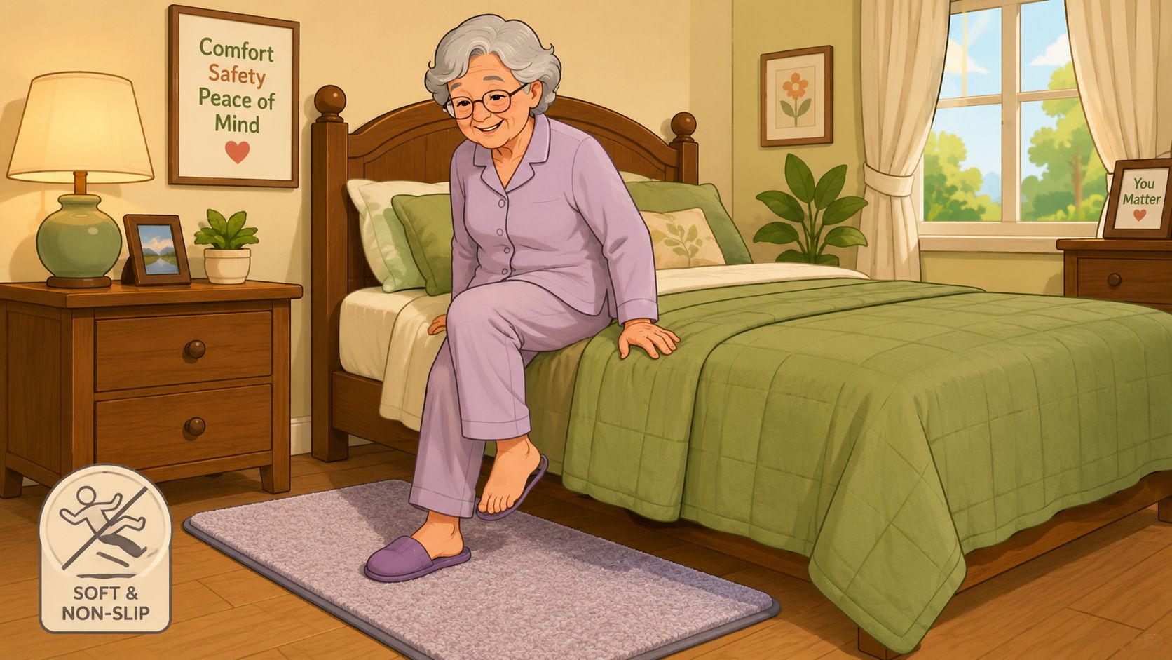 An elderly woman putting on slippers next to a bed with a soft, non-slip rug.