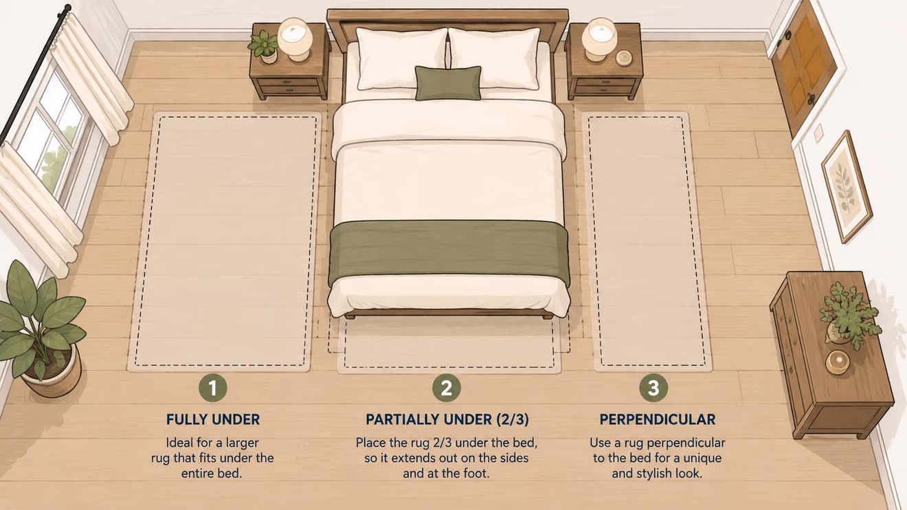 An illustration demonstrating three different rug placement options for a bedroom with a full-sized bed.