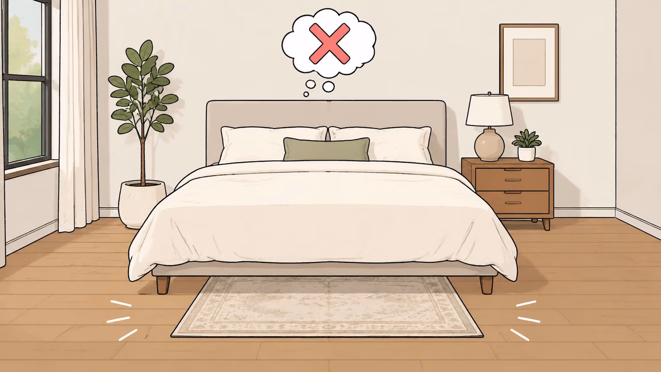 A bedroom illustration showing a rug that is too small placed under a full size bed.