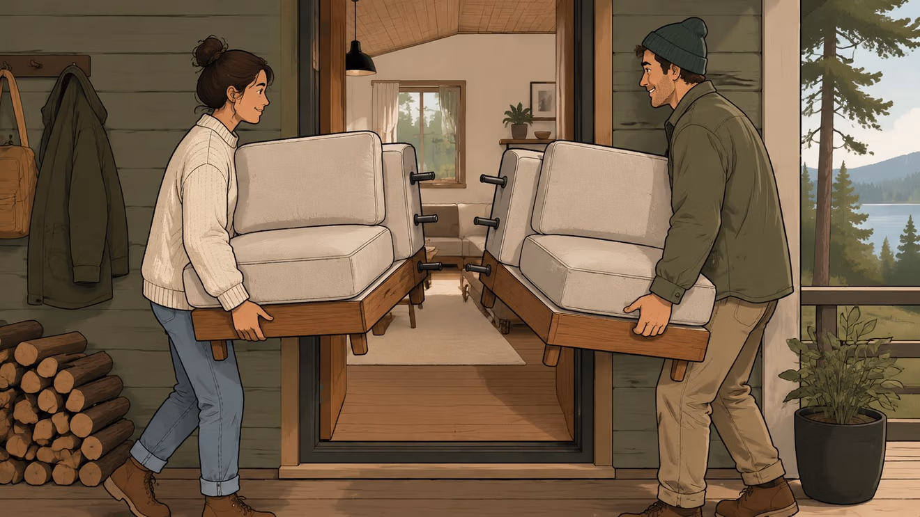 A young couple carrying a wooden and beige sofa module together into their cozy wooden cabin.