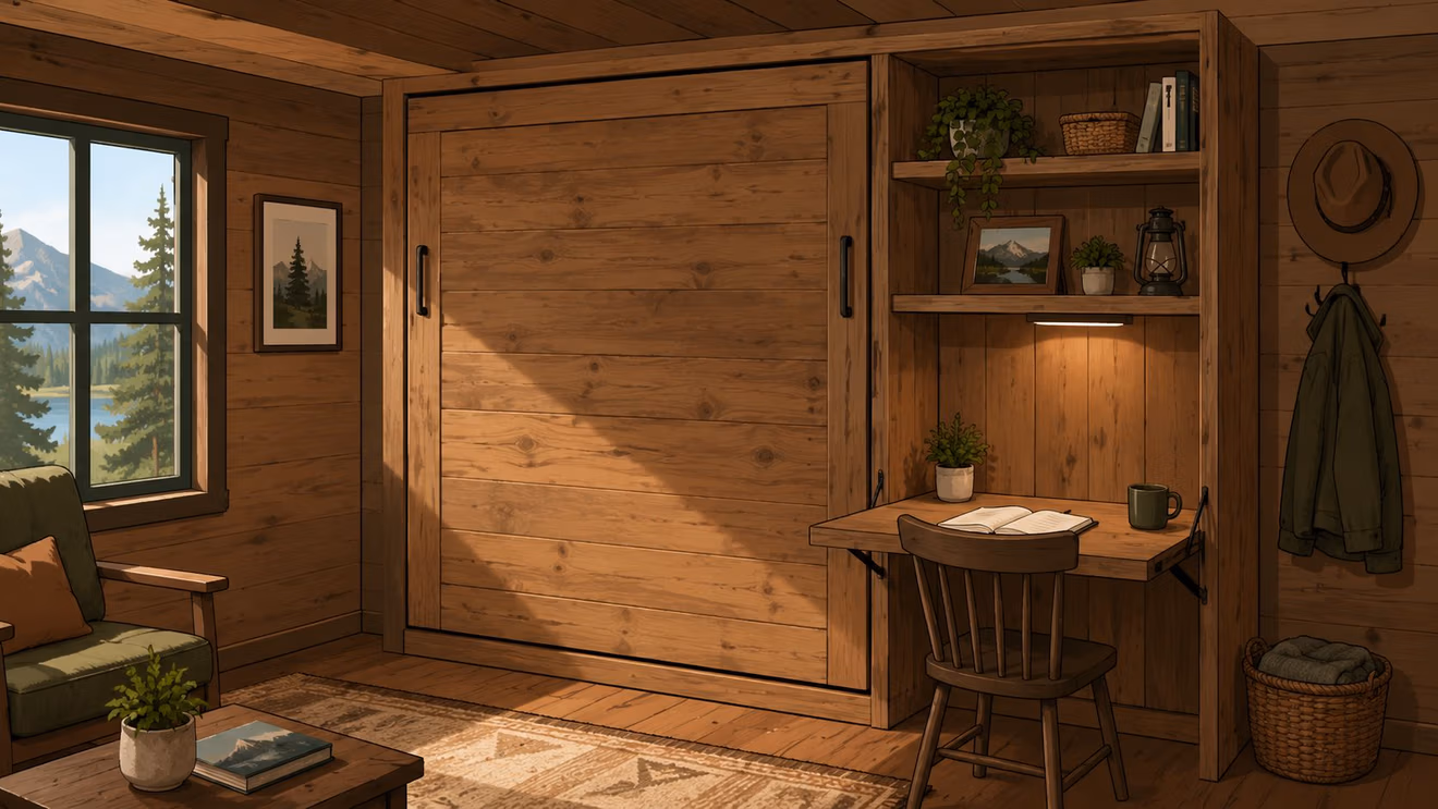 A cozy rustic cabin room featuring a wooden Murphy bed and a compact wall-mounted desk workstation.