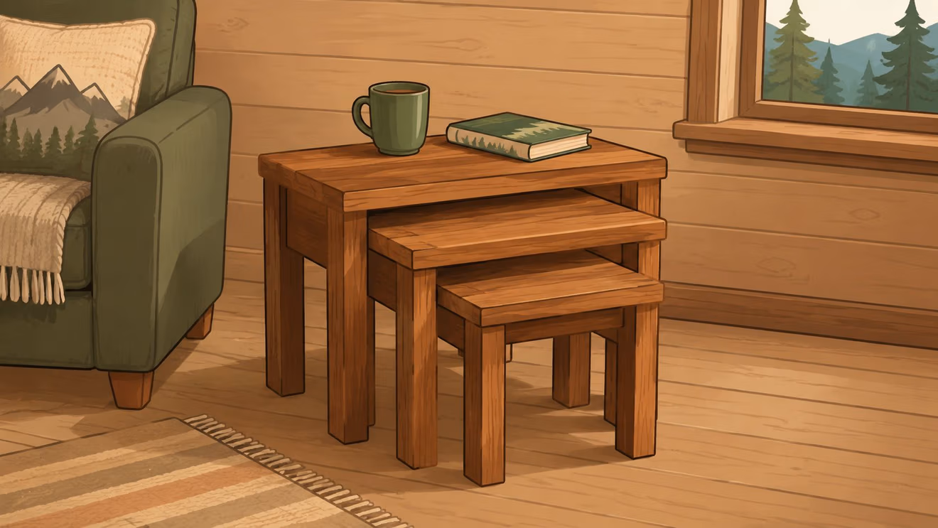 A set of nesting wooden tables placed in a cozy rustic cabin living room setting