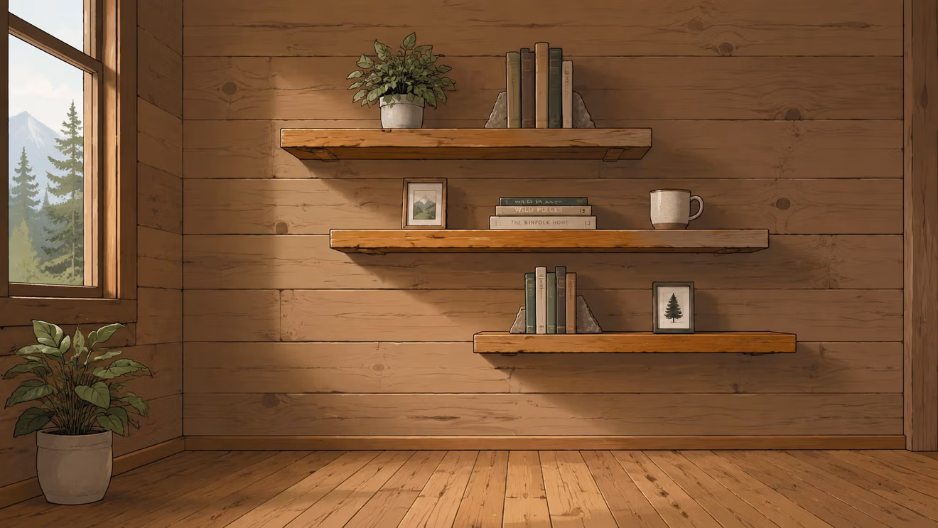 A cozy rustic cabin room interior featuring wooden walls, floating shelves with books, plants, and scenic windows.