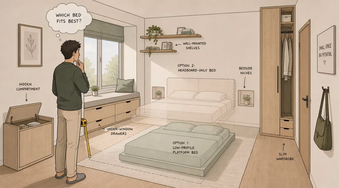 An illustration of a person choosing between two bed options for a small, modern bedroom layout.