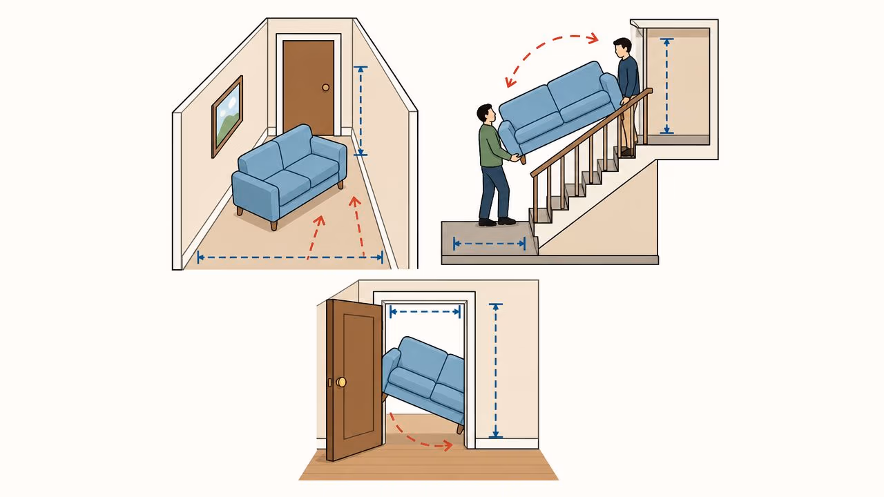 An illustration showing three different scenarios for measuring furniture size before moving it through doorways and stairways.