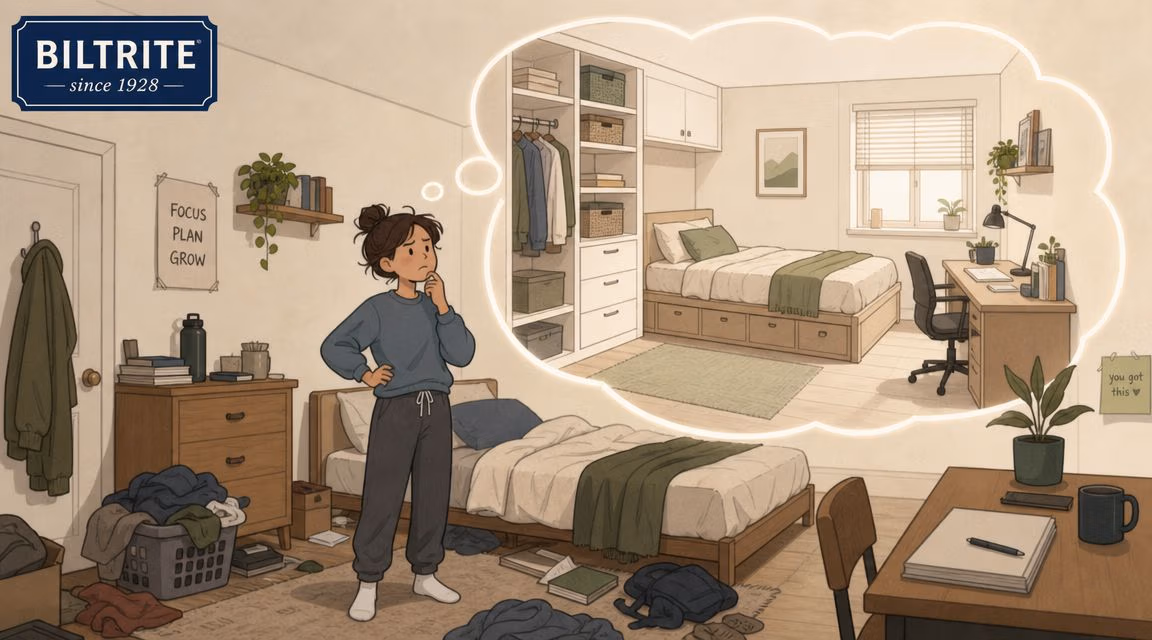 A girl stands in a messy room dreaming of a clean, organized bedroom with smart storage furniture.