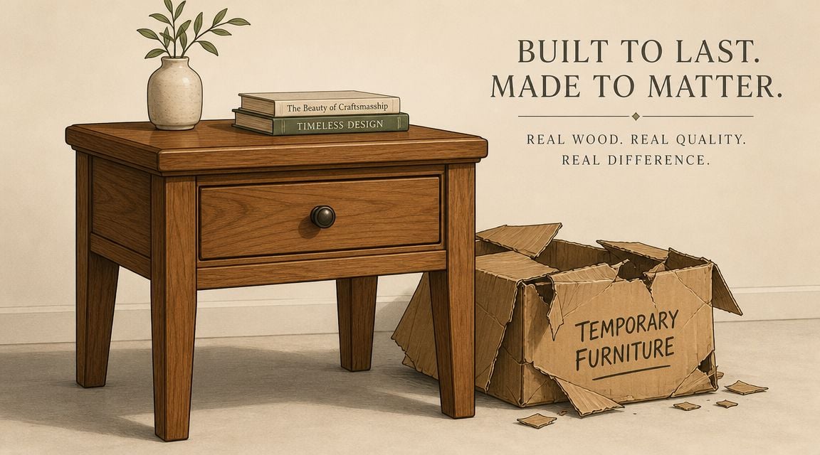 A sturdy wooden nightstand next to a broken cardboard box labeled temporary furniture on a floor.
