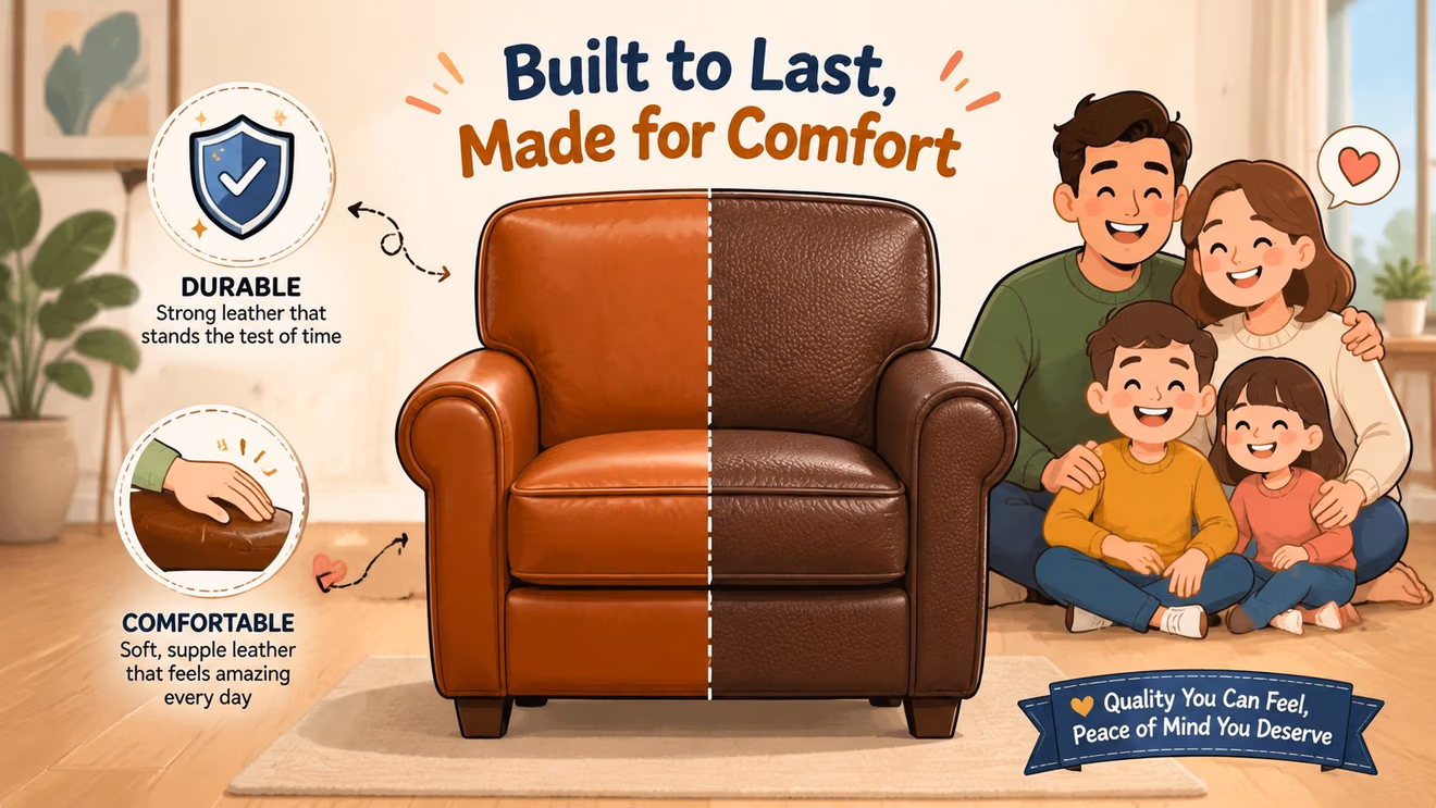 A split-view illustration of a comfortable leather armchair with a happy family sitting beside it.