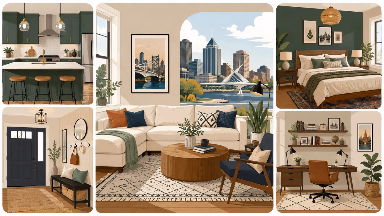 A collage showing various rooms in a modern apartment featuring green accents and a city skyline view.