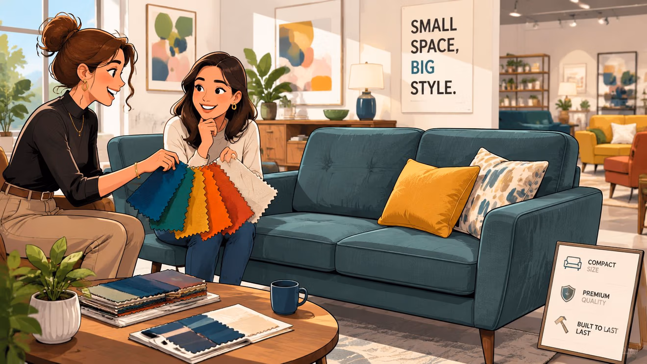 Two women choosing fabric swatches while sitting on a teal sofa in a furniture store showroom.